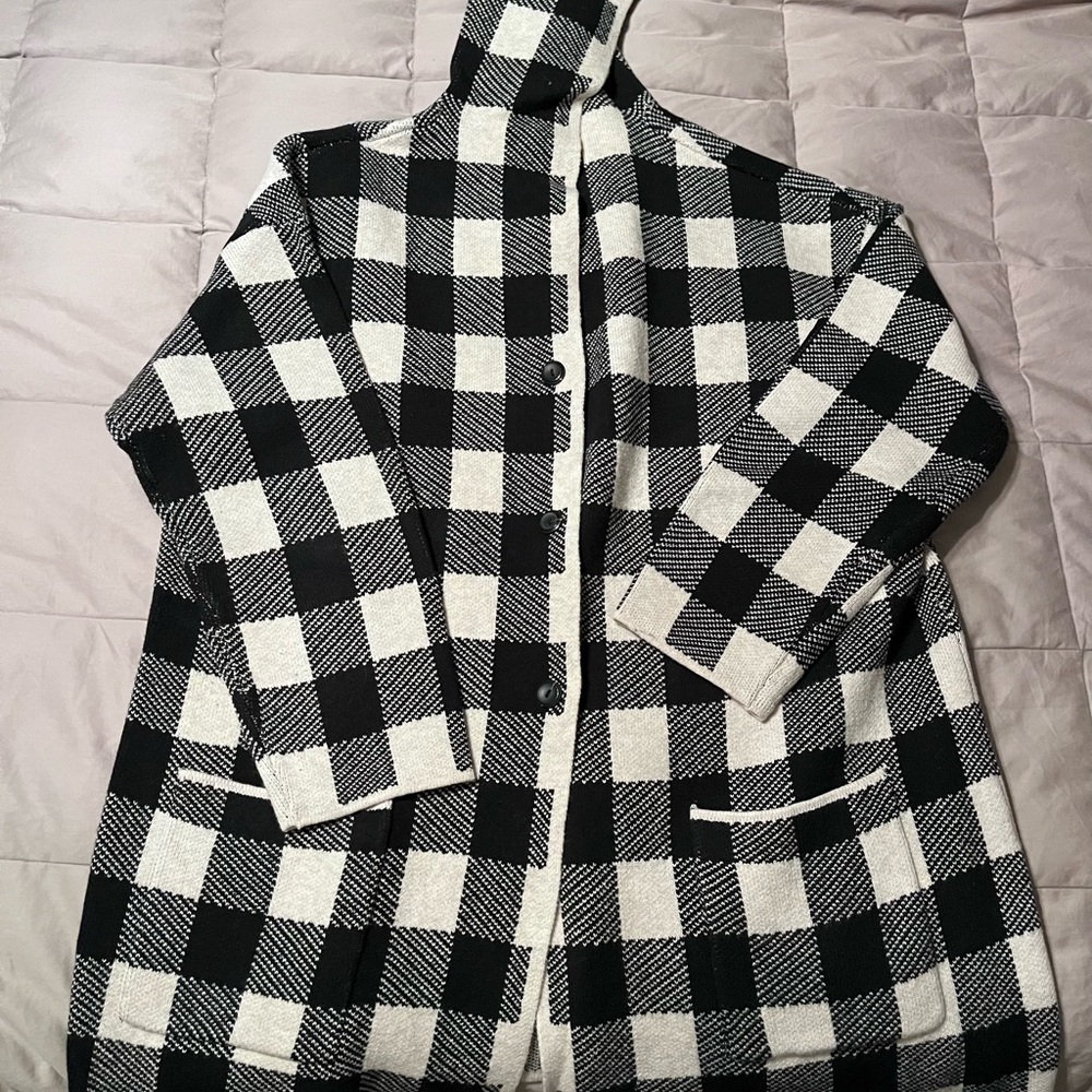 J. Jill Black and White Plaid Hooded Cardigan